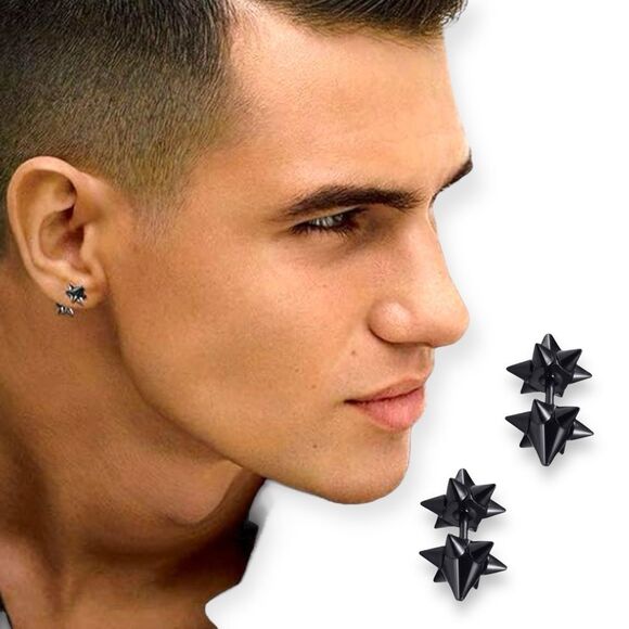 Black Dual Sided Spiked Stud Post Earrings Jewelry NEW - Picture 1 of 4